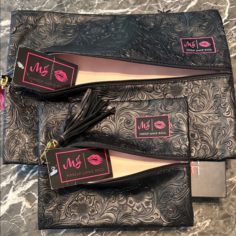 NWT; Make-Up Junkie Bags: Black Embossed Women's Bag Set
